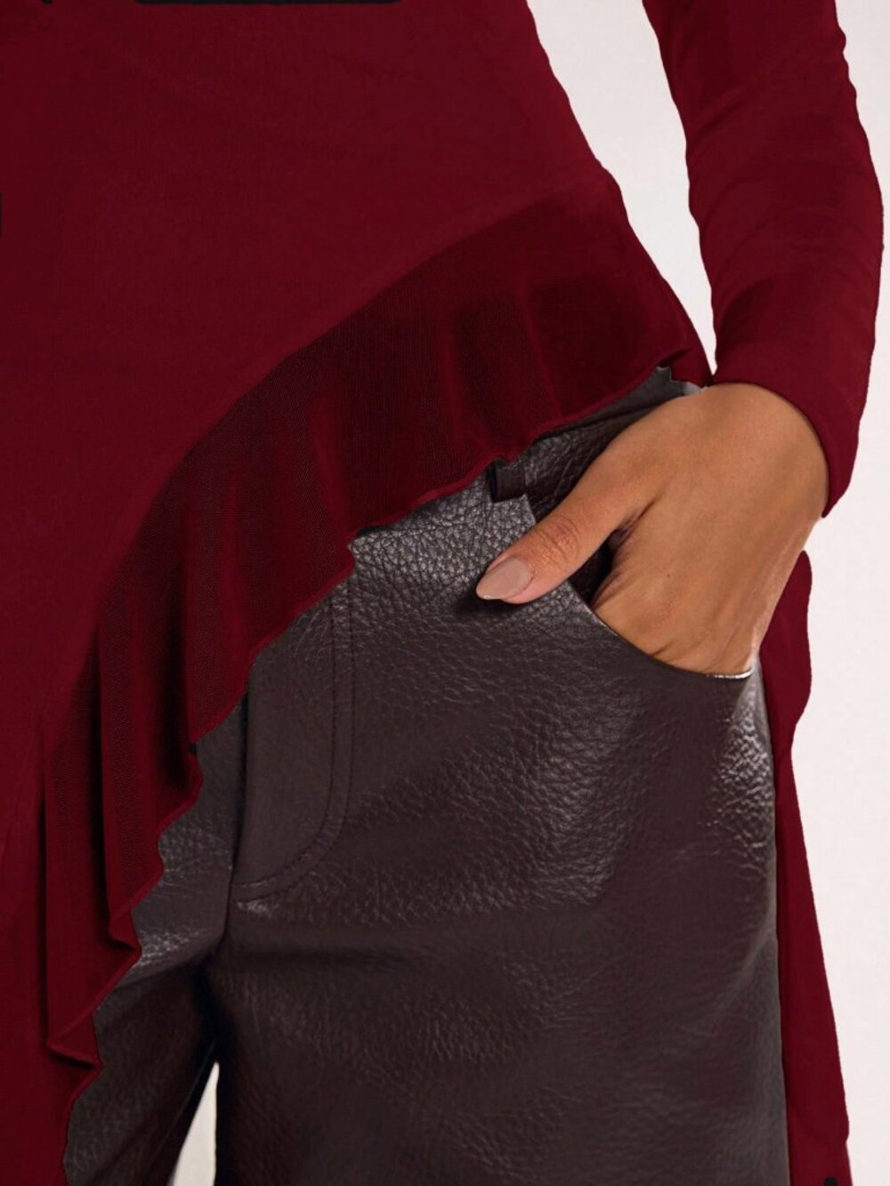 Burgundy Casual Women's Round Neck Long Sleeve Asymmetrical Hem Slim Fit Top - Picture 5 of 6